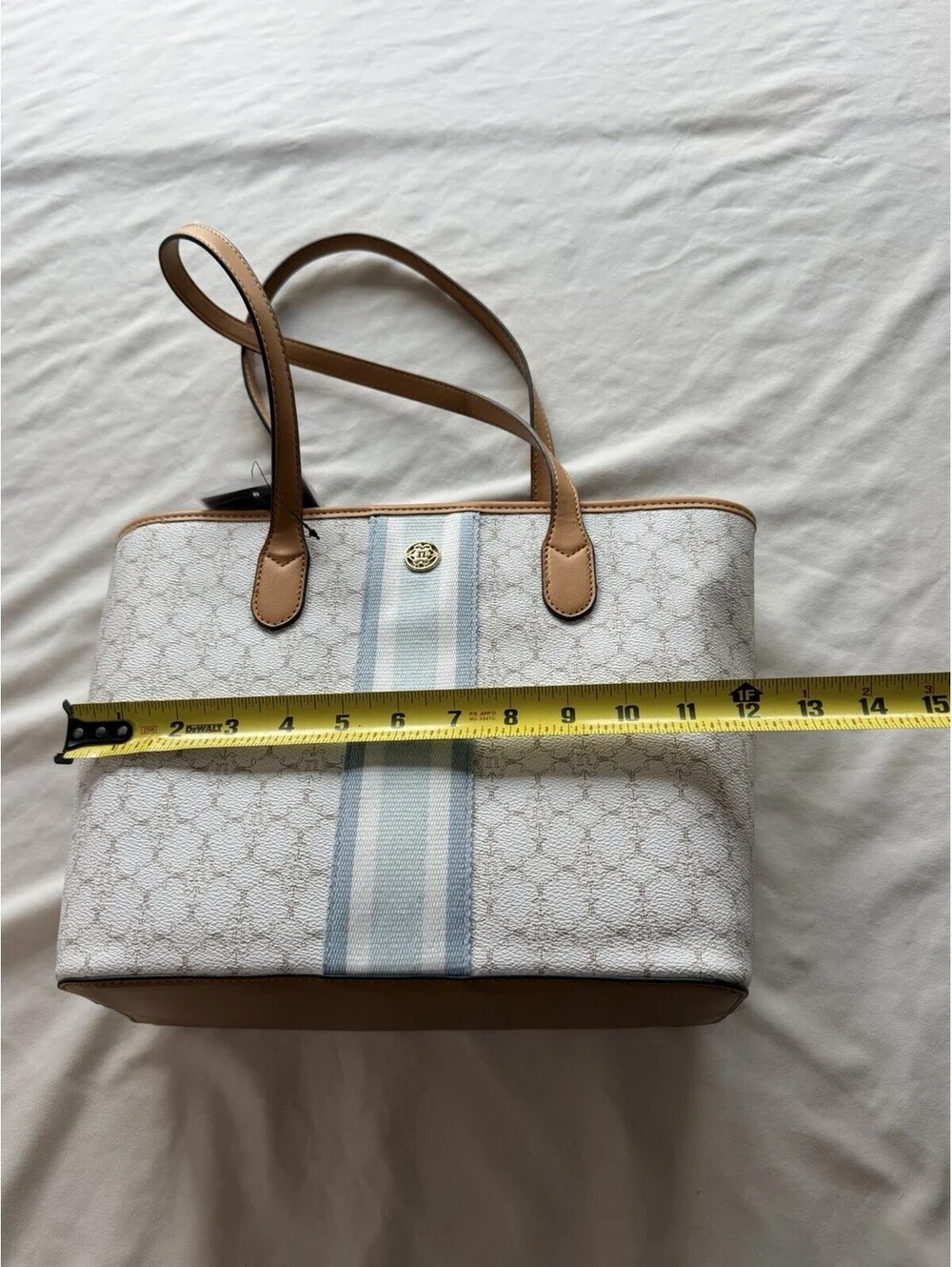 Tory Burch Brielle Logo Tote Bag Chalk Blue Stripe Large Zip Shoulder Handbag